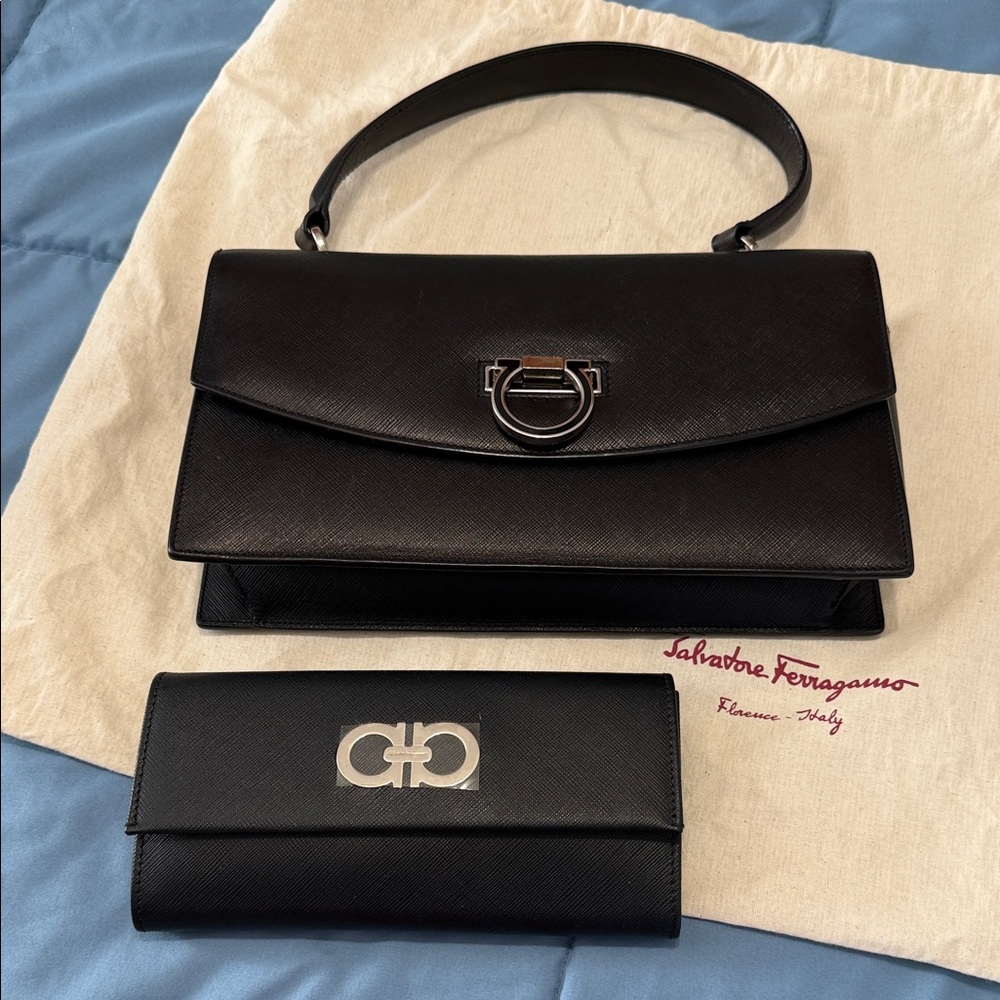 Salvatore Ferragamo Black Leather Shoulder Bag and Wallet